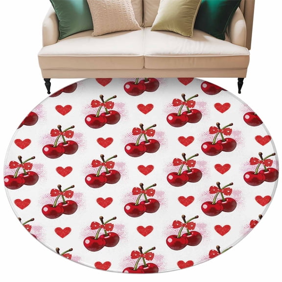Red Cherry Round Rug 7ft Washable Circle Rugs Non Slip Watercolor Cherries Love Heart Farmhouse Large Area Rug Indoor Floor Carpet for Bedroom Kitchen Living Room Home Office Dining Room Nursery