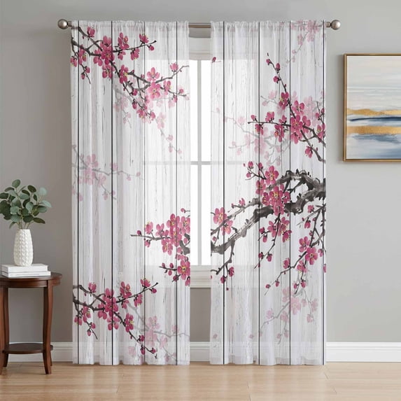 Red Cherry Sheer Curtains 72 Inch Length 2 Panels Set, Spring Floral Branches Ink Painting Art Wood Gray Voile Window Treatment Curtains Sheers Drapes for Bedroom/Living Room/Kitchen 52"x72"x2