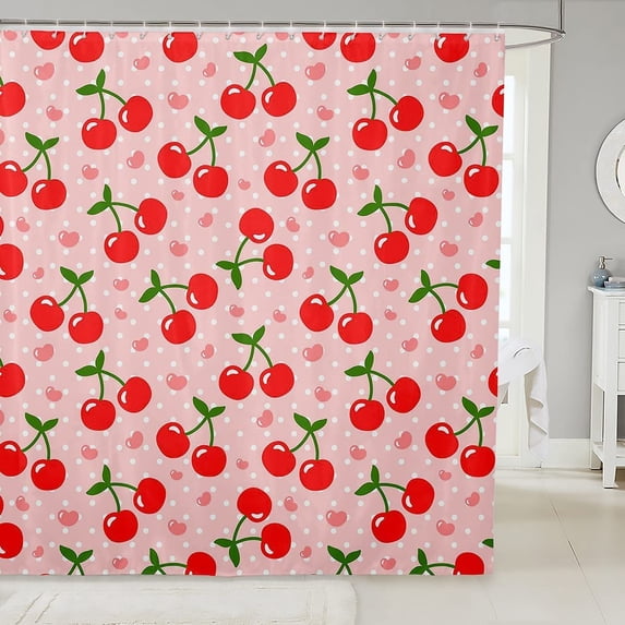Red Cherry Shower Curtain Girls Cherry Fruit Fabric Shower Curtains for Kids Boys Girls Yummy Food Bathroom Waterproof Accessories with 12 Hooks Botanical Leaves Curtains Pink,72x72 Inches