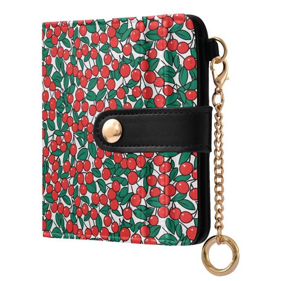 Red Cherry Small Wallet for Women RFID Blocking Bifold PU Leather Credit Card Holder with Zipper Coin Pocket Compact Cute Travel Purse Magnetic Snap 7 Card Slots