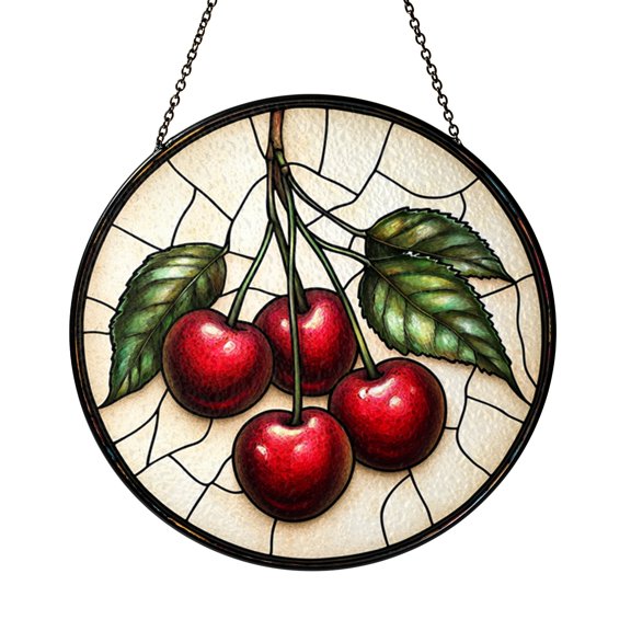 Red Cherry Stained Glass Window Suncatcher, Fresh Fruit Art Hanging Decor, Bright Kitchen Gift Idea