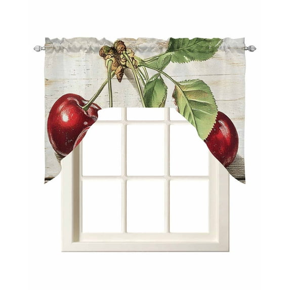 Red Cherry Swag Valances for Windows, Small Curtains Drapes, Vintage Summer Botanical Wooden Kitchen Window Curtains Over Sink Rod Pocket Window Treatment Valance for Bedroom/Bathroom 56"x36"