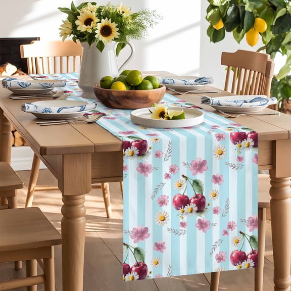 Red Cherry Table Runner, Country Farmhouse Pink Flower Leaf Blue Stripe Washable Kitchen Table Runners Dress Scarves for Dining Table Decorations Party/Restaurant/Indoor Outdoor Use, 13x36in