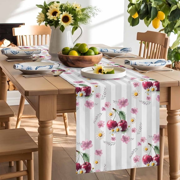 Red Cherry Table Runner, Country Farmhouse Pink Flower Leaf Gray Stripe Washable Kitchen Table Runners Dress Scarves for Dining Table Decorations Party/Restaurant/Indoor Outdoor Use, 13x36in