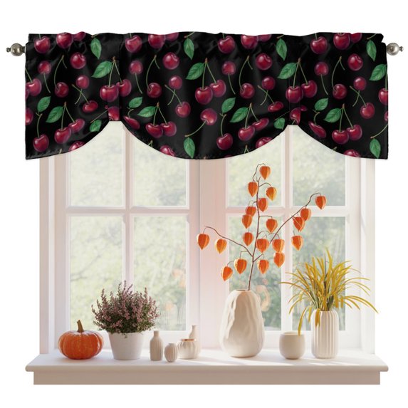 Red Cherry Tie Up Valance Curtains for Windows, Kitchen Curtains Window Treatments, Green Botanical Leaves Classic Short Window Shades Valances for Bedroom Bathroom Cafe 54"x18"