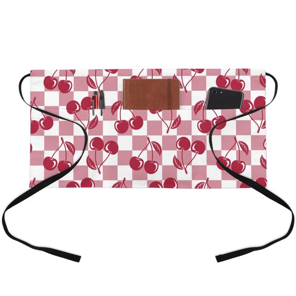Red Cherry Waitress Apron with 3 Pockets, Funny Cute Fruit Leaves Pink Buffalo Plaid Server Aprons Waterproof Kitchen Restaurant Half Waist Apron for Men Women