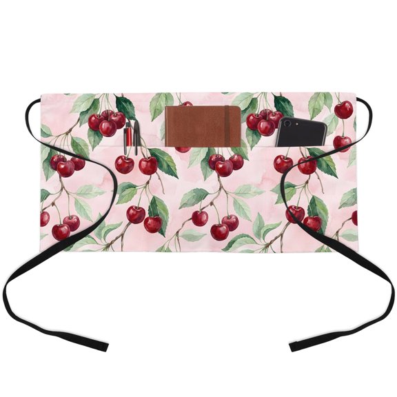 Red Cherry Waitress Apron with 3 Pockets, Rustic Farmhouse Fruits Leaves Plants Pink Server Aprons Waterproof Kitchen Restaurant Half Waist Apron for Men Women