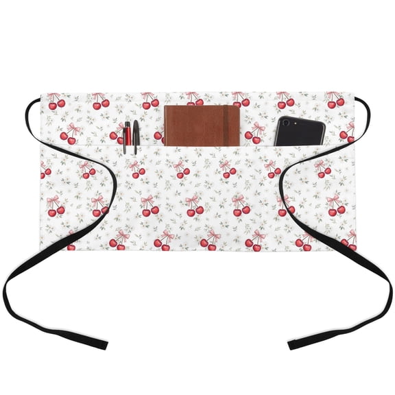 Red Cherry Waitress Apron with 3 Pockets, Farmhouse Art Watercolor Fruits Server Aprons Waterproof Kitchen Restaurant Half Waist Apron for Men Women