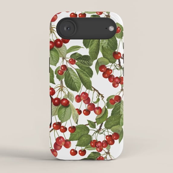 Red Cherry and Green Leaf Botanical Tough Phone Case, Dual-Layer ...
