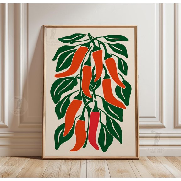 Red Chili Pepper Botanical Folk Art Paper Poster Kitchen Food Decor, Unframed Poster