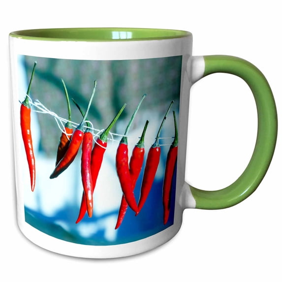3drose, Red Chili Peppers Hang on a String Against the Blue Background, 11oz Two-tone Green Mug