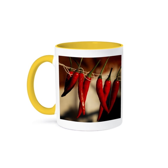 3dRose, Red chili peppers hangs on a rope in a row, 11oz Two-Tone Yellow Mug