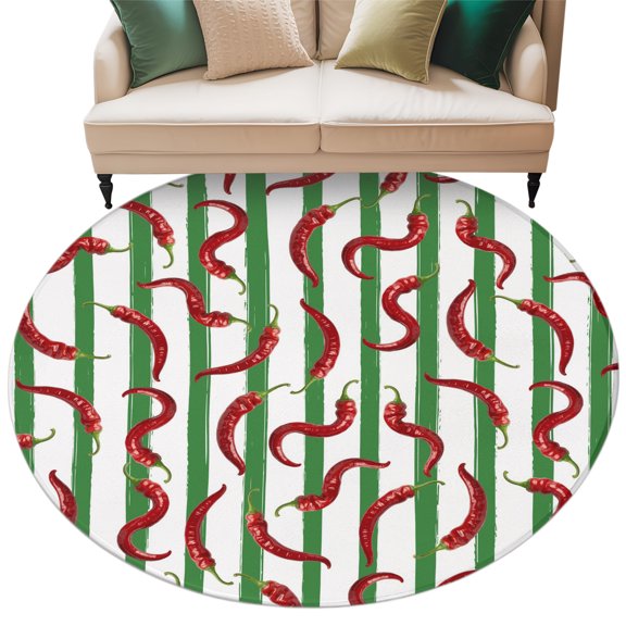 Red Chili Peppers Round Rug 7ft Washable Circle Rugs Non Slip Green Vertical Stripes Farmhouse Vegetable Large Area Rug Indoor Floor Carpet for Bedroom Kitchen Living Room Office Dining Room Nursery