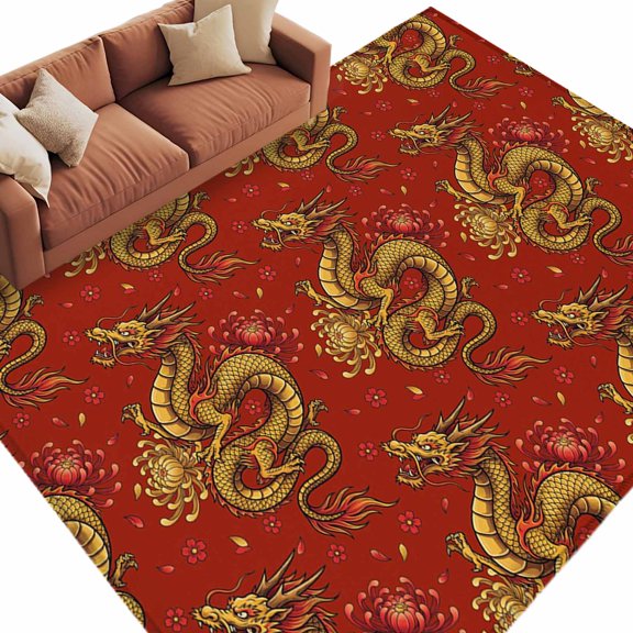 Red Chinese Dragon Area Rug 5x8 Washable Rug Non Slip Vintage Chic Flowers Leaf Textured Large Area Rug Soft Stainresistant Indoor Floor Carpet for Living Room Bedroom Home Office Dining Room Nursery