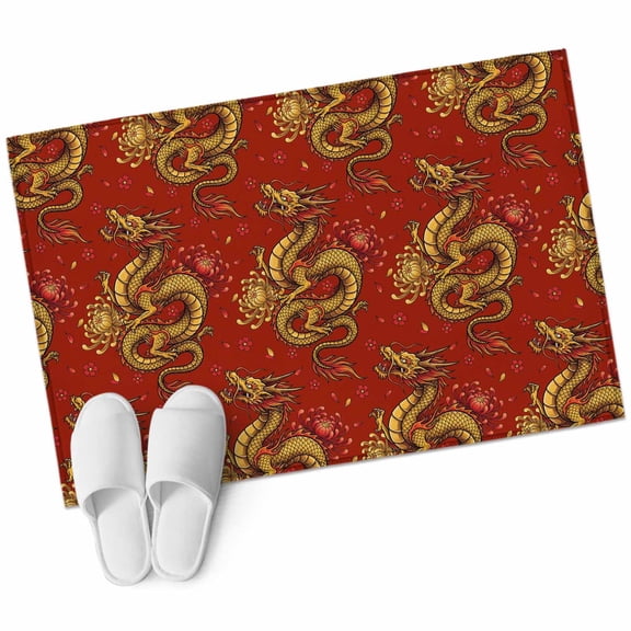 Red Chinese Dragon Bathroom Rug Washable 2x3 Entryway Rug Non Slip Vintage Chic Flowers Leaf Textured Front Door Mat Low Pile Indoor Doormat Throw Floor Carpet for Kitchen Bedroom Entrance