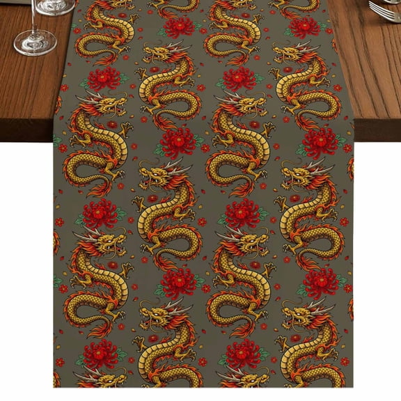 Red Chinese Dragon Burlap Cotton Table Runner 13x36 Inches Short, Vintage Chic Flowers Leaf Textured Grey Farmhouse Table Runners, Outdoor Dining Tablecloths Decor for Baby Shower/Party/Wedding