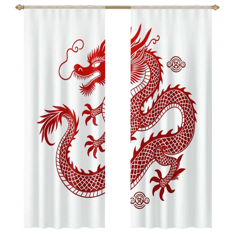 Red Chinese Dragon Design Sheer Window Curtains for Living Room Kitchen ...