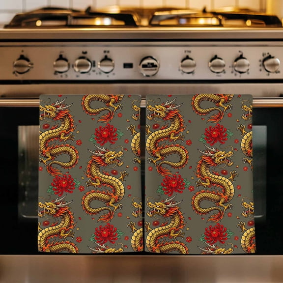 Red Chinese Dragon Kitchen Towels Set of 1, Vintage Chic Flowers Leaf Textured Grey Absorbent Dish Towels for Kitchen, Microfiber Hand Towel, Quick Drying Tea Towel for Cleaning Decorative Dishcloths