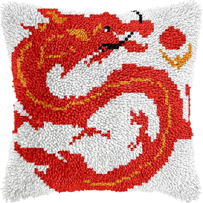 Red Chinese Dragon Latch Hook Pillow Kits Pillow Cover with Pattern Printed Canvas Crochet Cross Hooking Pillowcase Cushion Crafts Embroidery Latch Hooking Crochet Kits 17x17 inch(82)
