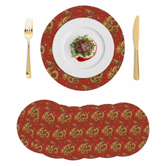 Red Chinese Dragon Round 13 Inch Placemats Set of 6, Vintage Chic Flowers Leaf Textured HeatResistant Non Slip Place Mats for Dining Table, Wipeable Braided Kitchen Table Mats for Housewarming