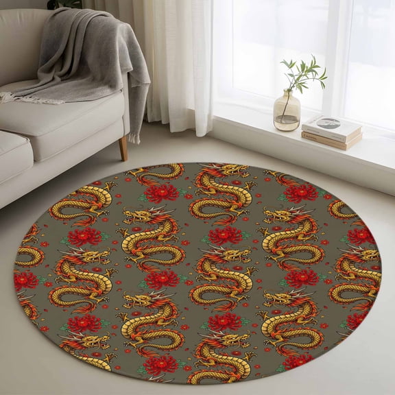 Red Chinese Dragon Round Area Rug 3Ft Washable Small Circle Rugs for Kitchen Entryway, Vintage Chic Flowers Leaf Textured Grey Non-Slip Carpet Floor Mats Indoor Outdoor Carpet Runner Home Decor