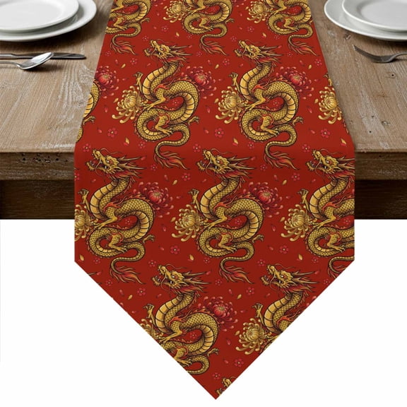 Red Chinese Dragon Table Runner Linen Burlap Table Runner 48 Inches Long Vintage Chic Flowers Leaf Textured Dresser Scarves for Kitchen Island Coffee Dining Room Party Wedding Holiday Decor 13"x48"