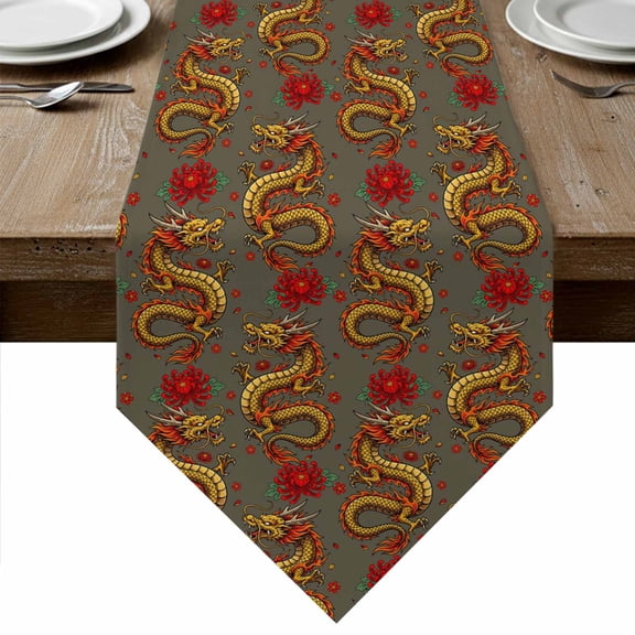 Red Chinese Dragon Table Runner Linen Burlap Table Runner 48 Inches Long Vintage Chic Flowers Leaf Textured Grey Dresser Scarves for Kitchen Island Coffee Dining Room Party Holiday Decor 13"x48"