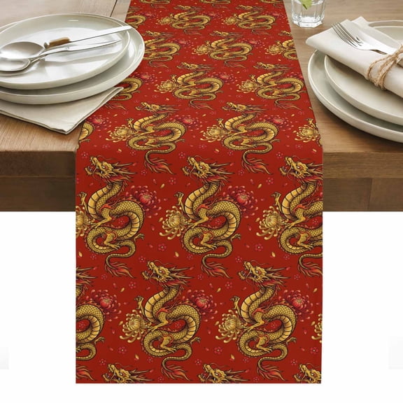 Red Chinese Dragon Table Runner Vintage Chic Flowers Leaf Textured Tablerunners 13 x 48 Inch, Table Decorations Tabletop Scarf for Summer Gathering Holiday Farmhouse Kitchen Dining Decor