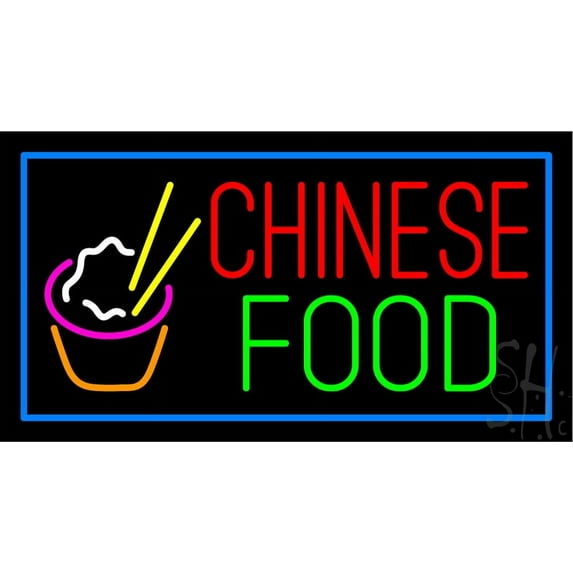 Red Chinese Food with Blue Border LED Neon Sign 13 x 24 - inches, Clear Edge Cut Acrylic Backing, with Dimmer - Bright and Premium built indoor LED Neon Sign for restaurant window and interior decor.