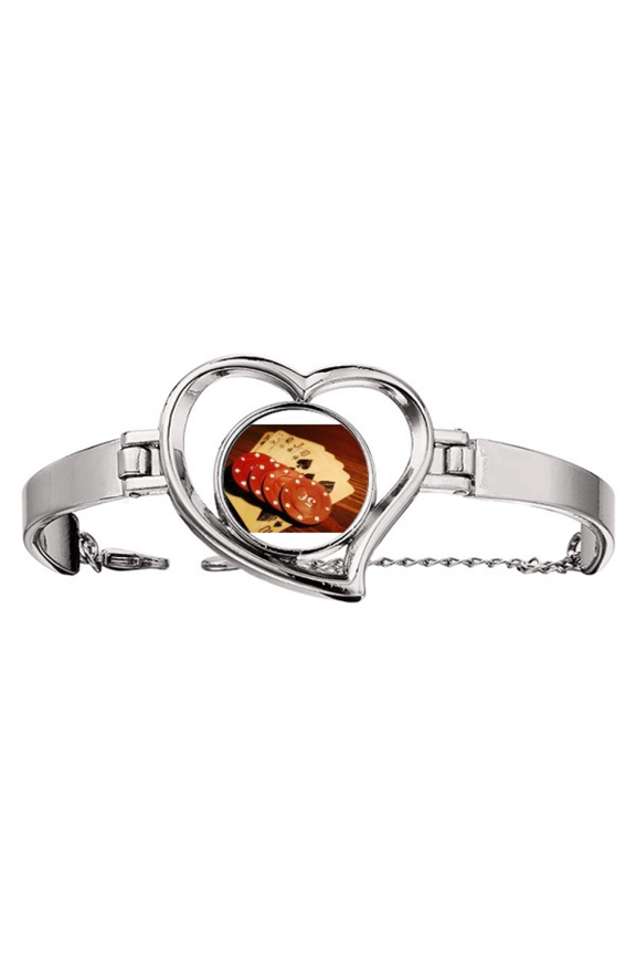 Red Chip Gambling Photo Art Deco Fashion Bracelet Heart Jewelry Wire Bangle