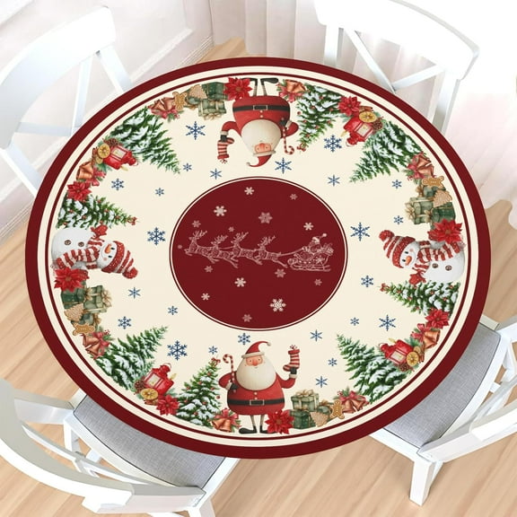 Red Christm Round Fitted Tablecloth with Elastic Edge,Water-Resistant Christma Trees Xmas Santa Snowman Snowflakes Table Cover for 48-52" Found Tables Winter Table Cloth for Dinner,Outdoor,Patio