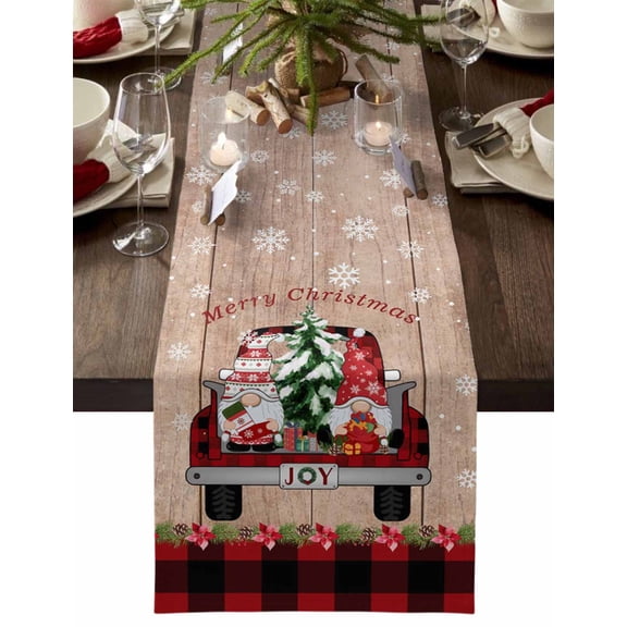 Red Christma Cotton Linen Table Runner for Dining Kitchen, Gnomes Truck Xmas Tree Snowflake Wooden Wedding Outdoor Party Tablerunners Decoration, Dresser Scarf Coffee Tablecloth Runners 13x36 Inches
