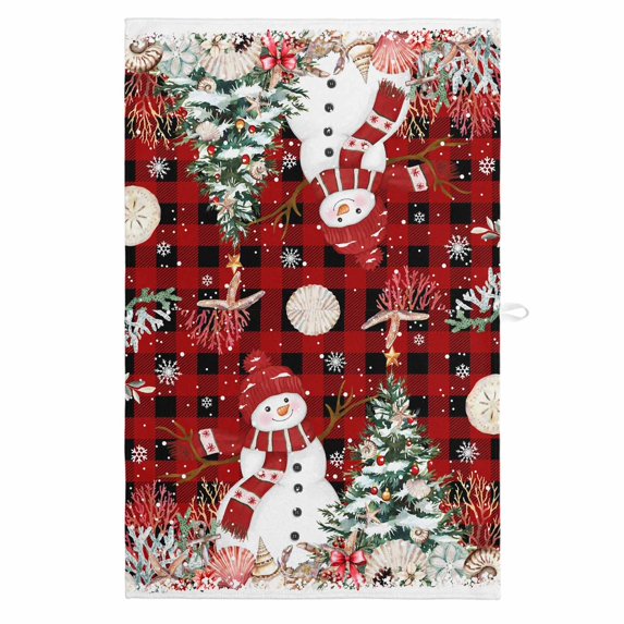 Red Christmas 1 Pack Kitchen Towel, Water Absorbent Dish Towel, Snowman Xmas Tree Coastal Snowflake Starfish Plaid Decorative Hand Towels - Quick Drying Cloth for Cooking Baking, 18x28 Inch