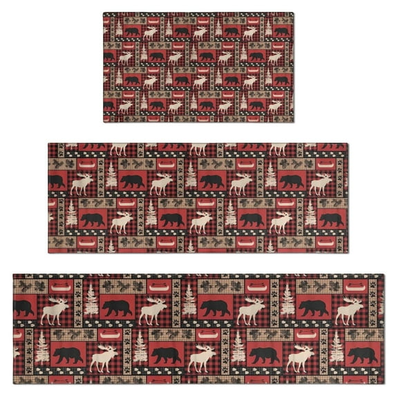 Red Christmas Animal and Tree Pattern Kitchen Rugs Sets Of 3,Kitchen Runner Rugs Non Skid Washable,Decorative Kitchen Floor Mats for Kitchen,Sink,Laundry,17"x30"+ 17"x47" + 17"x59"