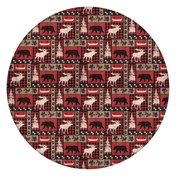 Red Christmas Animal and Tree Pattern Round Fitted Tablecloth with Elastic Edge,Dining Table Cover Waterproof,Outdoor Round Tablecloth for Camping,Dining,Indoor and Outdoor