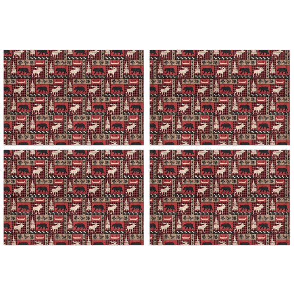 Red Christmas Animal and Tree Pattern Summer Placemats Table Placemats Set Of 4-Linen Kitchen Washable Placemats Table Mats 11.8"x17.7" Non-Slip Heat Resistant