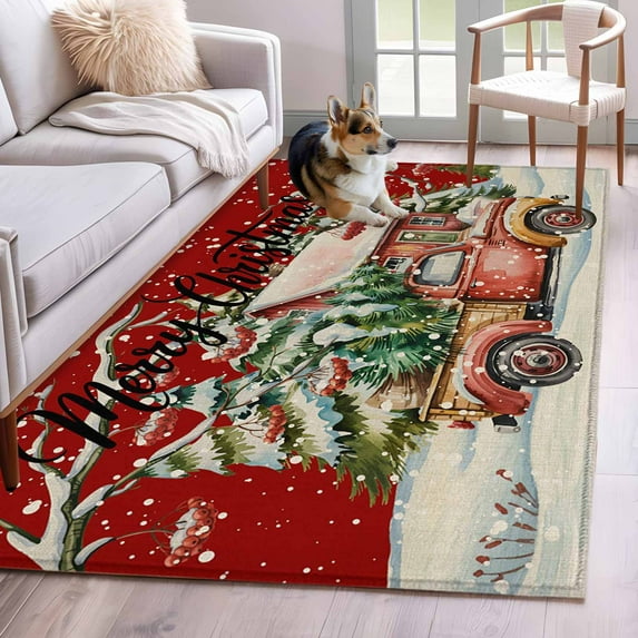 Red Christmas Area Rug 3x5 Washable Rug Non Slip Winter Vintage Farmhouse Xmas Tree Truck Large Area Rug Indoor Floor Carpet for Entryway Bedroom Kitchen Living Room Home Office Dining Room Nursery