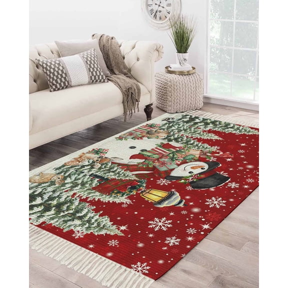 Red Christmas Area Rug 4x6 Living Rug with Tassel Woven Cotton Entryway Rugs Washable Bedroom Rugs Aesthetic Nursery Carpet Snowman Snowflake Xmas Tree Gifts Elk Winter Floor Mat for Laundry Room