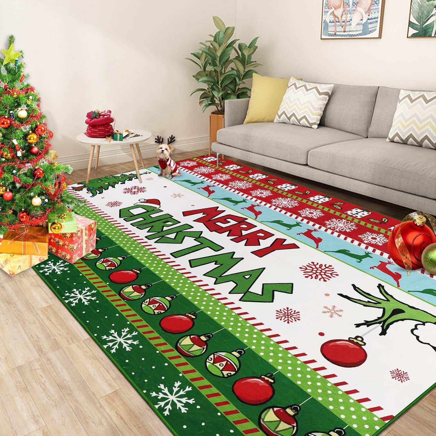 Christam Rug Red Christmas Area Rug 5x7 Snowflakes Merry Christmas Xmas Ornaments ...