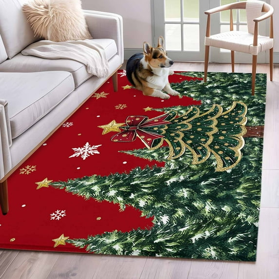 Red Christmas Area Rugs 2.7'x5', Washable Small Throw Rugs for Kitchen Bedroom, Snowflake Xmas Christmas Tree Indoor Outdoor Rug Non-Slip Low Pile Carpet Runner Reversible Floor Mats