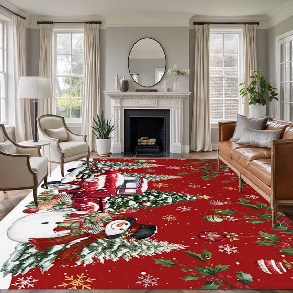 Red Christmas Area Rugs 8'x10', Washable Small Throw Rugs for Living Room Patio, Snowman Truck Xmas Tree Ball Snowflake Winter Indoor Outdoor Rug Non-Slip Low Pile Carpet Runner Reversible Floor Mats