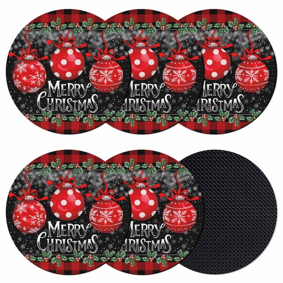 Red Christmas Balls Coasters Set of 6, Absorbent Coasters for Drinks, Winter Snowflakes Xmax Berry Plaid Coaster for Desk Coffee Table Protection, Home Decor House Warming Gifts 4"