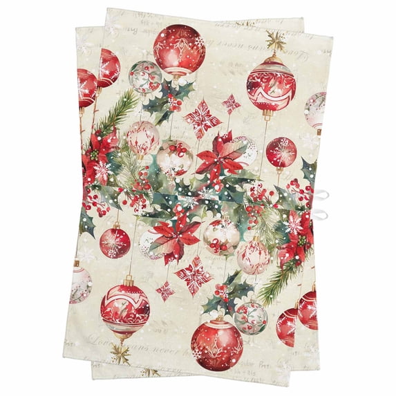 Red Christmas Balls Kitchen Towels Set of 2, Water Absorbent Dish Towel, Xmas Poinsettia Snowflake Decorative Hand Towels - Quick Drying Cloth for Cooking Baking, 18x28 Inch