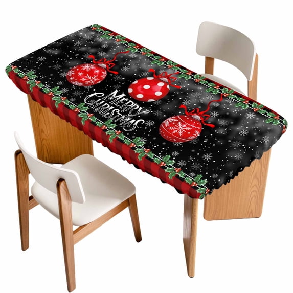 Red Christmas Balls Table Cloths for 3 Foot Rectangle Tables, Winter Snowflakes Xmax Berry Plaid Patio Waterproof Elastic Fitted Tablecloths, Washable Rectangular Table Cover for Camping