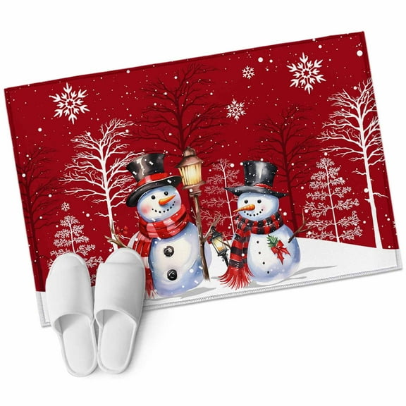 Red Christmas Bathroom Mat 2x3 FT, Non Slip Small Kitchen Mat, Winter Snowman Xmas Tree Snowflake Washable Soft Backed Front Door Throw Rug Non-Shedding Indoor Outdoor Doormat for Entryway Sink