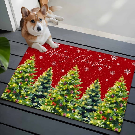 Red Christmas Bathroom Mat 2x3 FT, Non Slip Small Kitchen Mat, Xmas Tree Snowflake Winter Botanical Washable Soft Backed Front Door Throw Rug Non-Shedding Indoor Outdoor Doormat for Entryway Sink