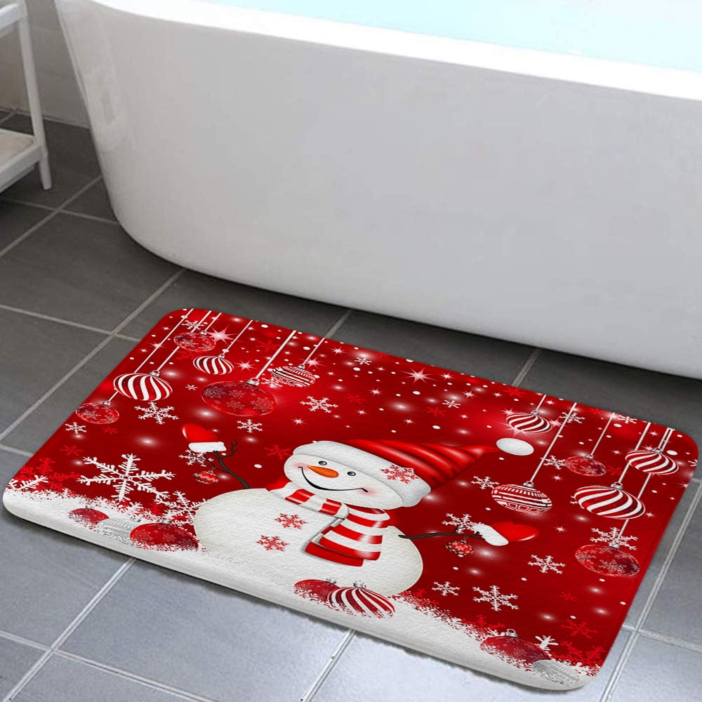 Red Christmas Bathroom Rug, Cute Snowflake Snowman Christmas Non Slip