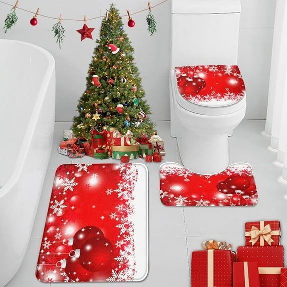 Red Christmas Bathroom Rug and Mat Set 3 Piece, Winter Snow Glitter Holiday Bathroom Rugs Non Slip, Absorbent Microfiber Memory Foam Bath Mat Machine Washable