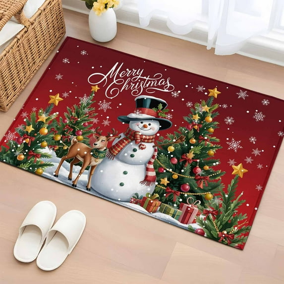 Red Christmas Bathroom Rug Washable 2x3 Entryway Rug Non Slip Snowman Xmas Tree Gifts Snowflake Elk Front Door Mat Low Pile Indoor Doormat Throw Floor Carpet for Kitchen Bedroom Entrance