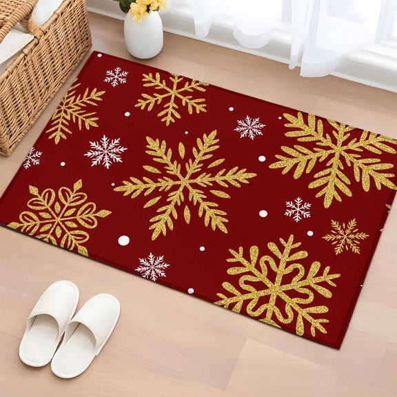 Red Christmas Bathroom Rug Washable 2x3 Entryway Rug Non Slip Winter Xmas Snowflakes Textured Front Door Mat Low Pile Indoor Doormat Throw Floor Carpet for Kitchen Bedroom Entrance